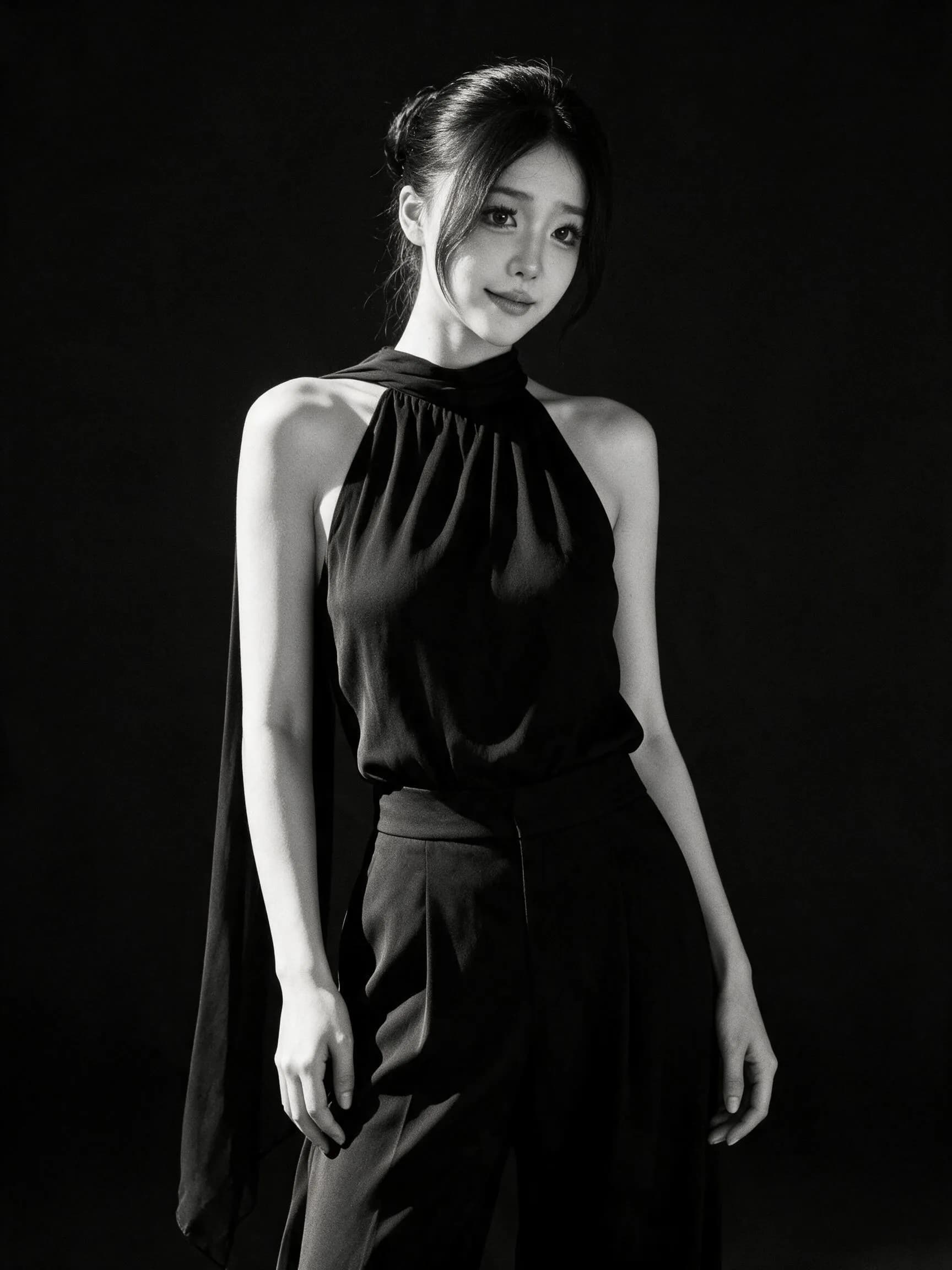 jimeng-2026-08-06-2201-8K超高清,单反相机拍摄,微笑。黑白女生写真,衣服参考第二张参考图,版型随性自然...